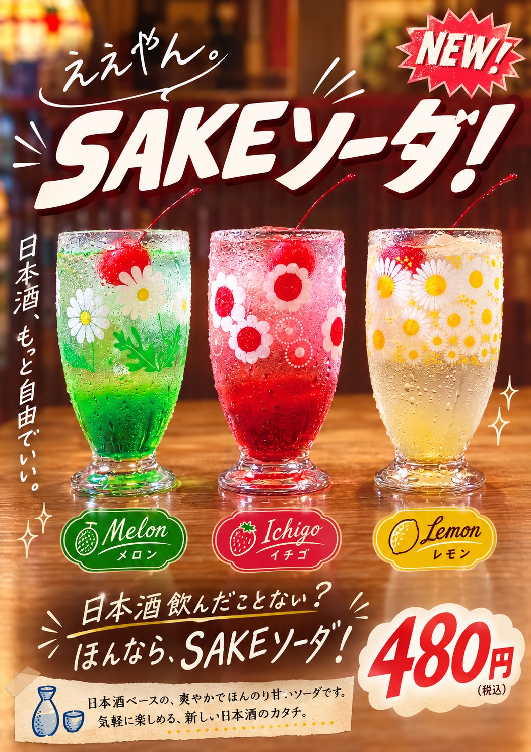 ええやん。SAKEソーダ!メロン・イチゴ・レモン 各480円(税込)